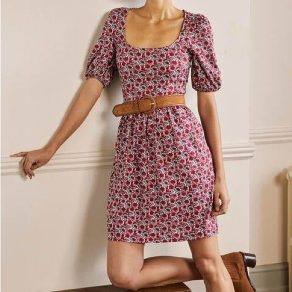 Boden Square Neck Jersey Cotton Floral Milkmaid Dress Puff Sleeves Size 4 - Picture 1 of 10